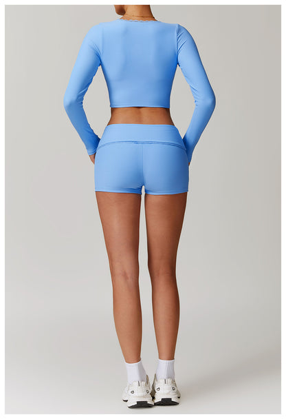 Rib Knit Mini Lace Semi Boot Cut Long Sleeve Sports Bra