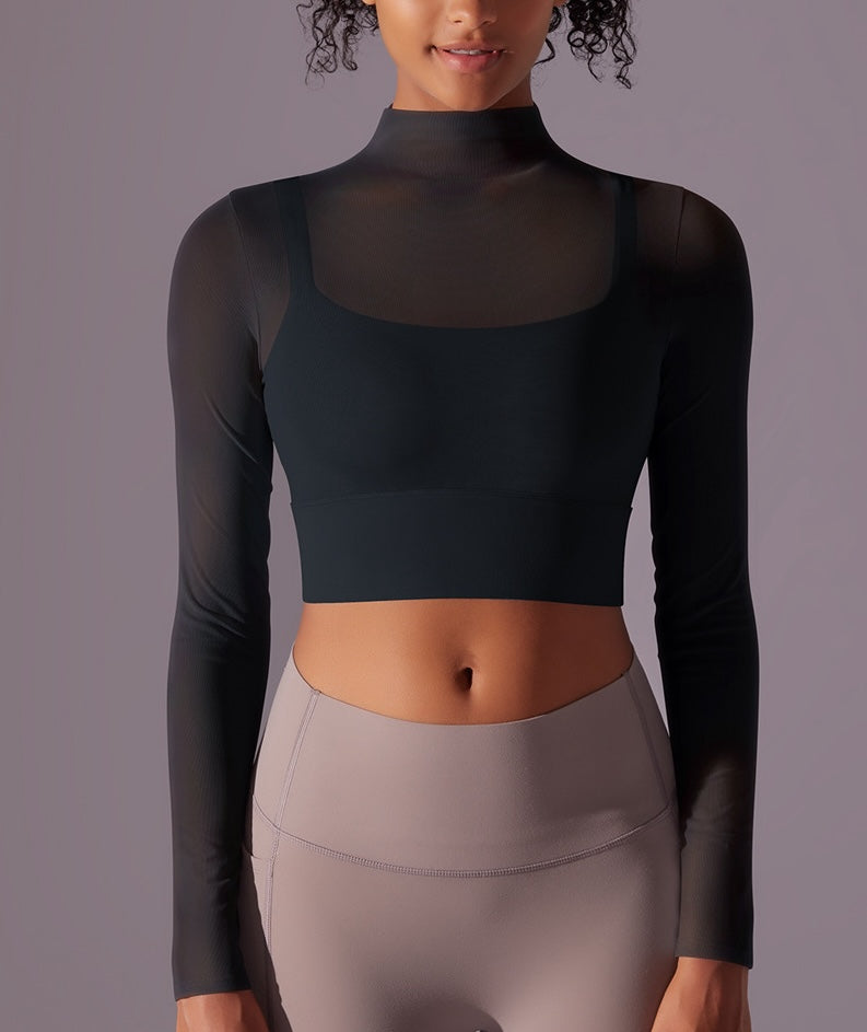 Flash Sale - Polo Neck Long Sleeves Chiffon Built-in Sports Bra Top