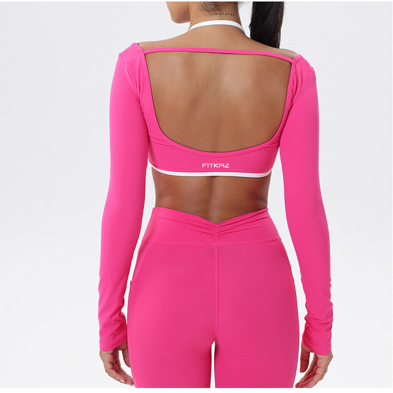 Halter Neck White Bulk Line Back Beauty Long Sleeeves Sports Top