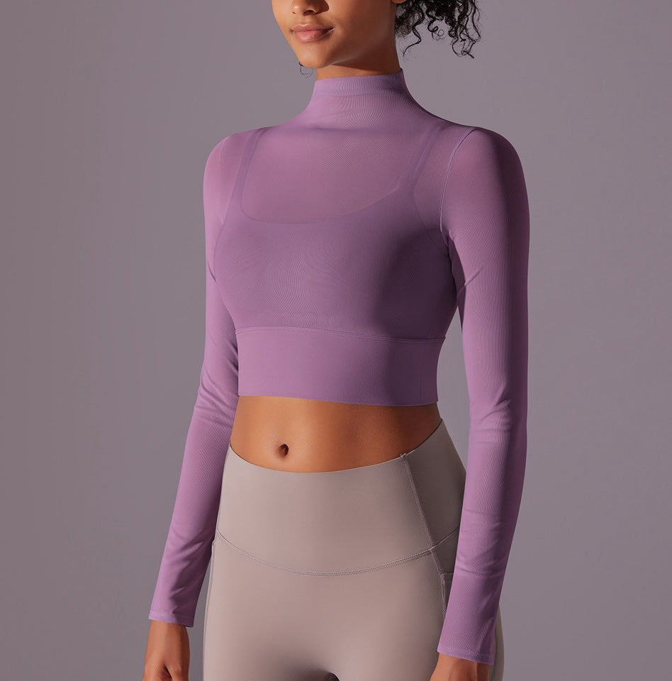 Flash Sale - Polo Neck Long Sleeves Chiffon Built-in Sports Bra Top