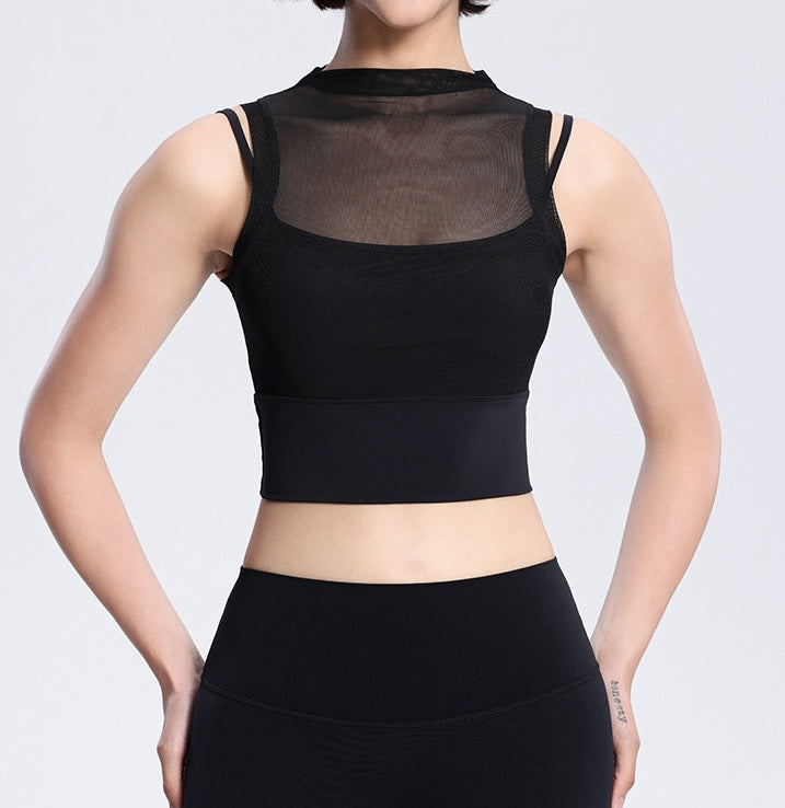 Rolled Neck Sleeveless Chiffon Built-in Sports Bra Top