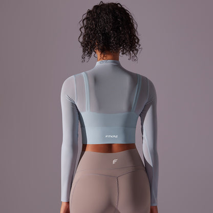 Flash Sale - Polo Neck Long Sleeves Chiffon Built-in Sports Bra Top