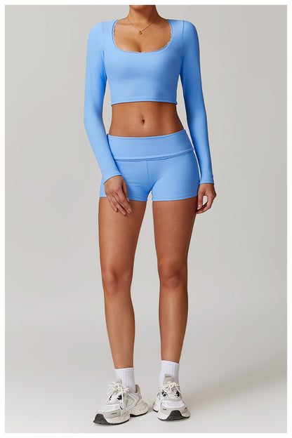 Rib Knit Mini Lace Semi Boot Cut Long Sleeve Sports Bra
