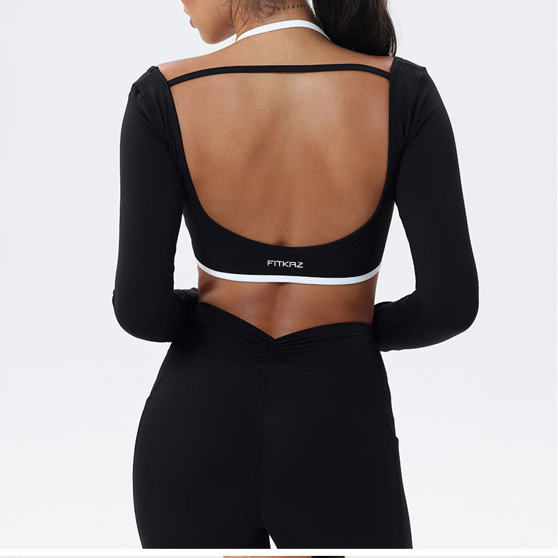 Halter Neck White Bulk Line Back Beauty Long Sleeeves Sports Top