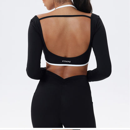 Halter Neck White Bulk Line Back Beauty Long Sleeeves Sports Top