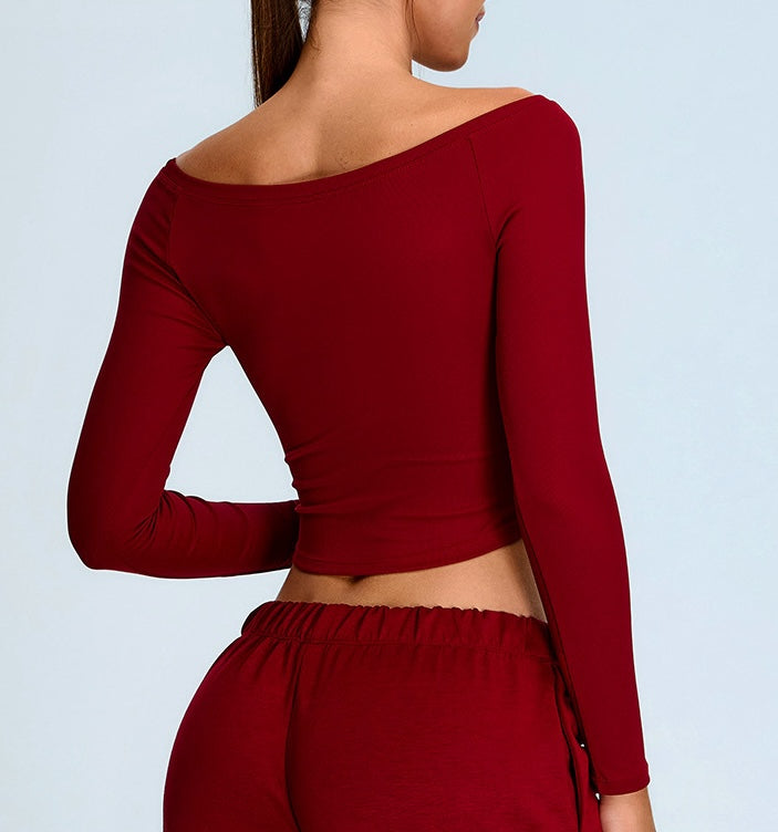 Rib Knit Long Sleeves Wide U Neck Slim T-shirt