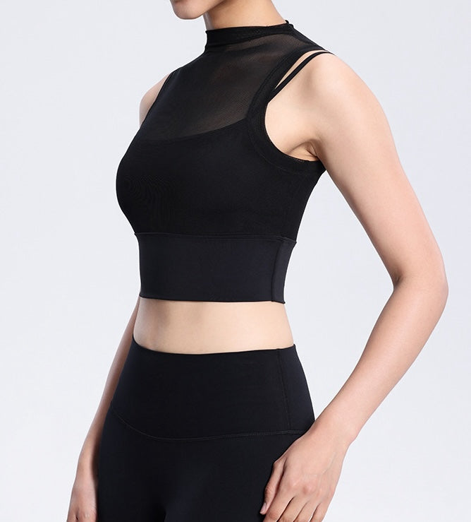 Rolled Neck Sleeveless Chiffon Built-in Sports Bra Top