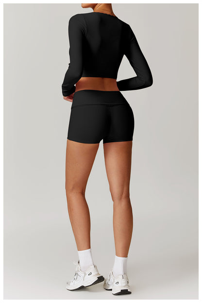 Rib Knit Mini Lace Semi Boot Cut Long Sleeve Sports Bra