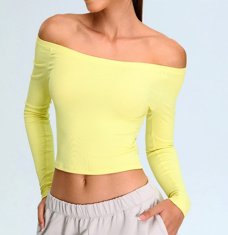 Rib Knit Long Sleeves Wide U Neck Slim T-shirt