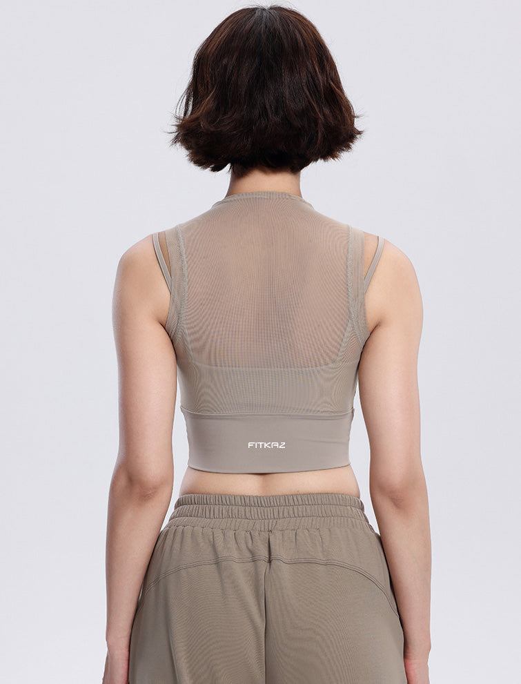 Rolled Neck Sleeveless Chiffon Built-in Sports Bra Top