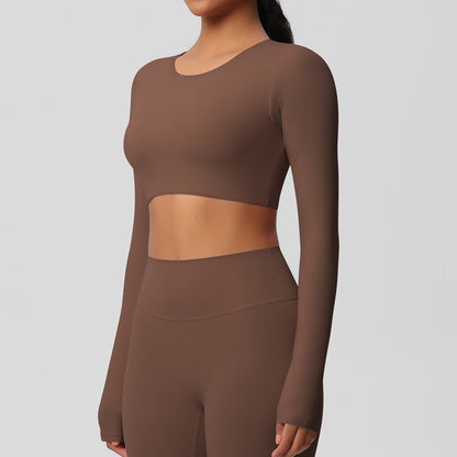 Classic All Star Built-in Pads Long Sleeve Chestnut Sports Crop Tops