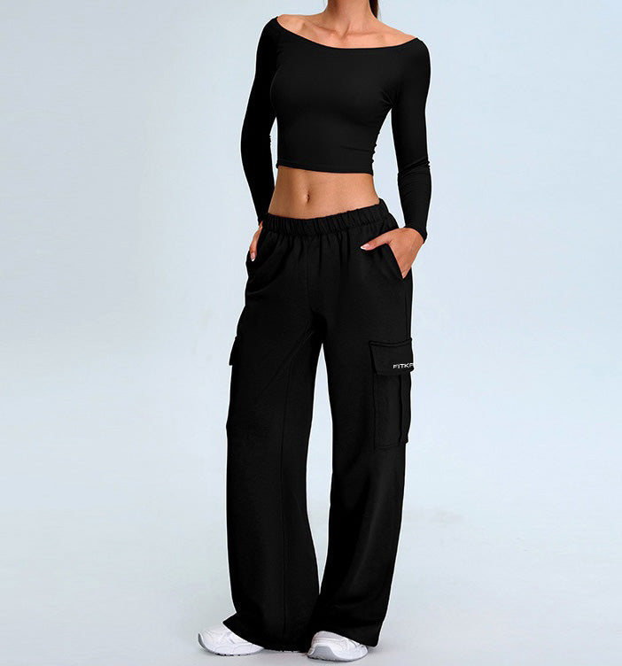 Rib Knit Long Sleeves Wide U Neck Slim T-shirt