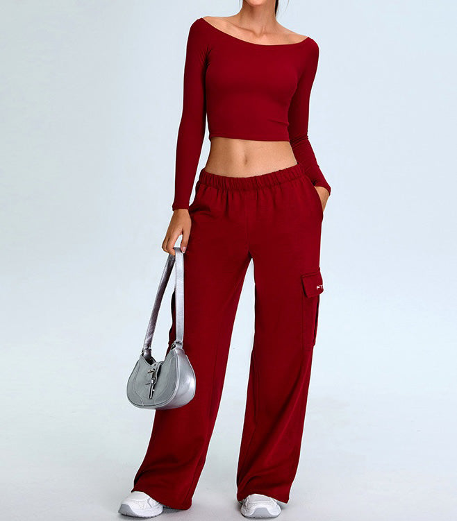 Rib Knit Long Sleeves Wide U Neck Slim T-shirt