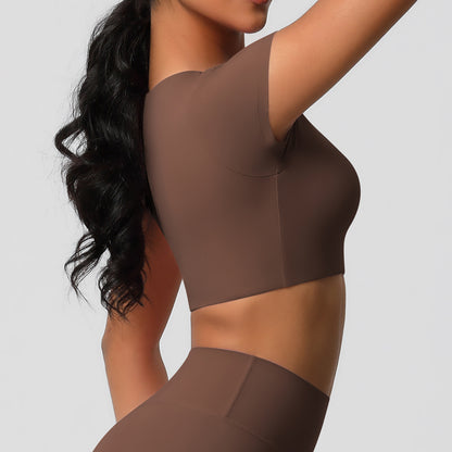 Classic All Star Built-in Pads Short Sleeve Chestnut Sports Crop Tops