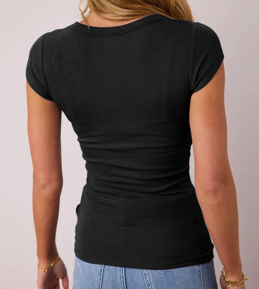 Rib Knit U Neck Casual T-shirt