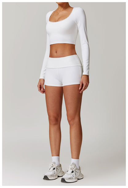 Rib Knit Mini Lace Semi Boot Cut Long Sleeve Sports Bra