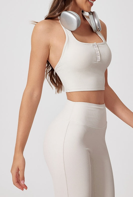 Rib Knit USA Style Buttons Halter Top Sports Bra
