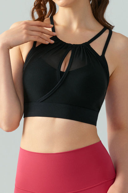 Mesh Patchwork Wrinkles Neck Sports Bra