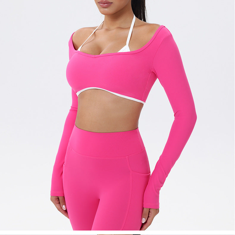 Halter Neck White Bulk Line Back Beauty Long Sleeeves Sports Top