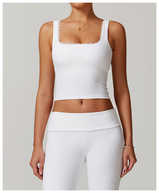 Rib Knit Mini Lace Semi Boot Cut Tank Top Sports Bra