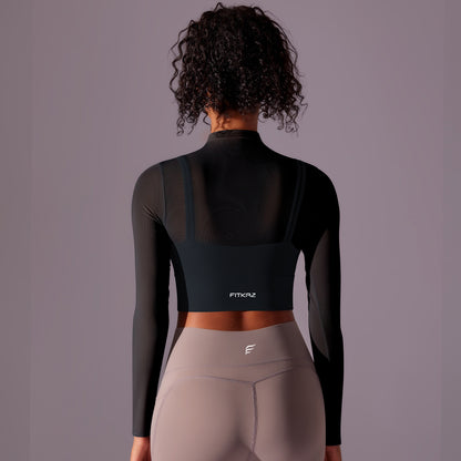 Flash Sale - Polo Neck Long Sleeves Chiffon Built-in Sports Bra Top