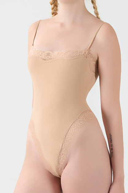 Feather Skin Touch Lace Camisole High Cut Thong Bodysuit (No Pads)