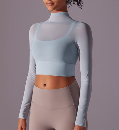 Flash Sale - Polo Neck Long Sleeves Chiffon Built-in Sports Bra Top