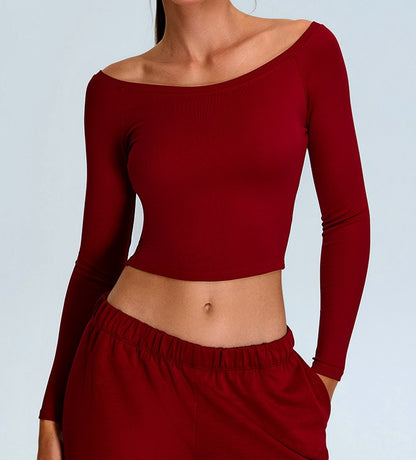 Rib Knit Long Sleeves Wide U Neck Slim T-shirt