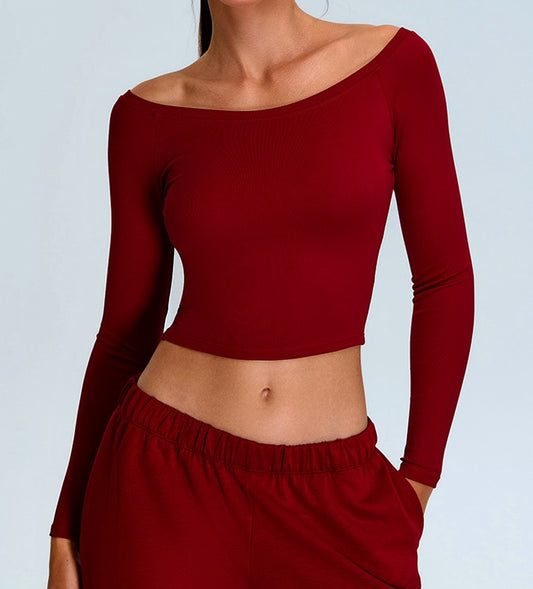 Rib Knit Long Sleeves Wide U Neck Slim T-shirt