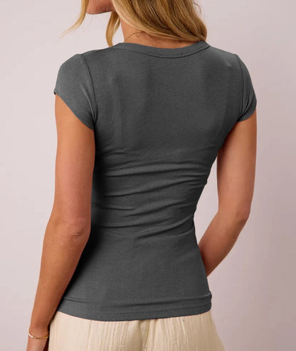 Rib Knit U Neck Casual T-shirt