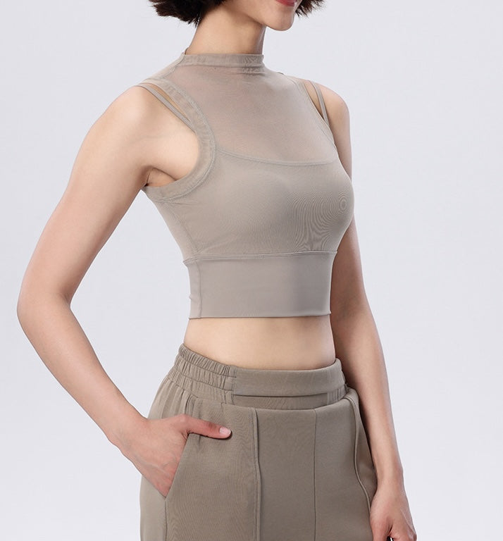 Rolled Neck Sleeveless Chiffon Built-in Sports Bra Top