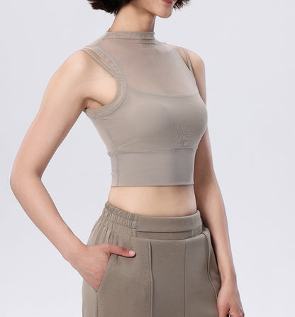Rolled Neck Sleeveless Chiffon Built-in Sports Bra Top