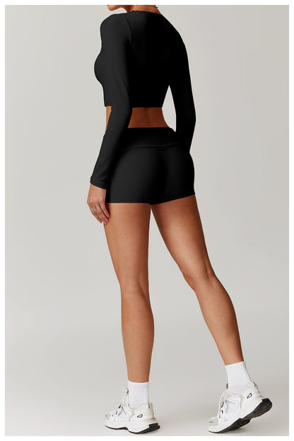 Rib Knit Mini Lace Semi Boot Cut Long Sleeve Sports Bra