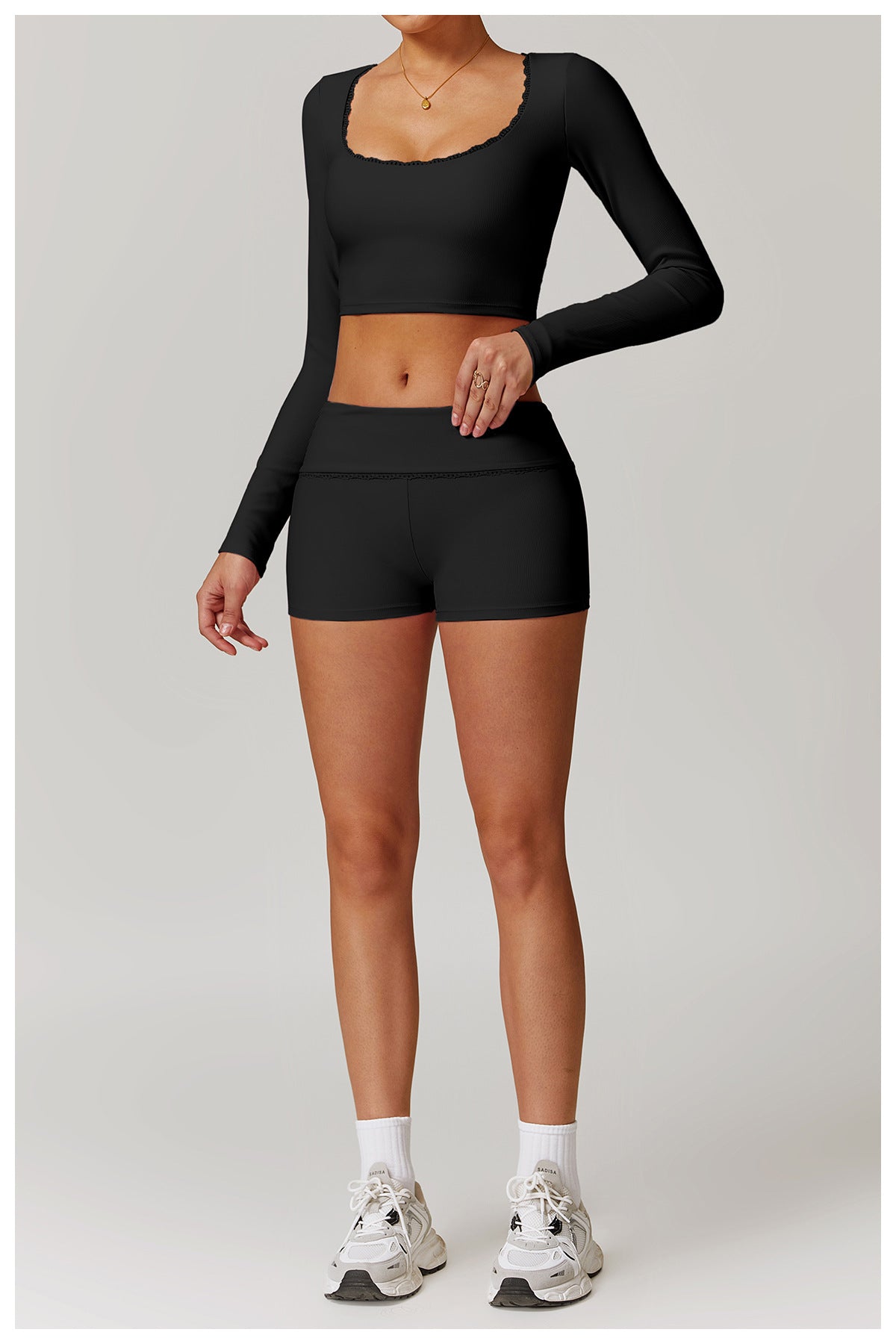 Rib Knit Mini Lace Semi Boot Cut Long Sleeve Sports Bra