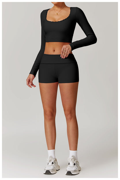 Rib Knit Mini Lace Semi Boot Cut Long Sleeve Sports Bra