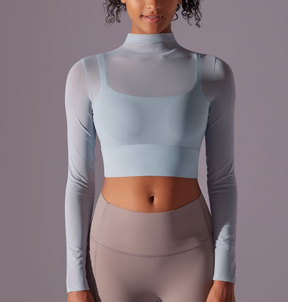 Flash Sale - Polo Neck Long Sleeves Chiffon Built-in Sports Bra Top