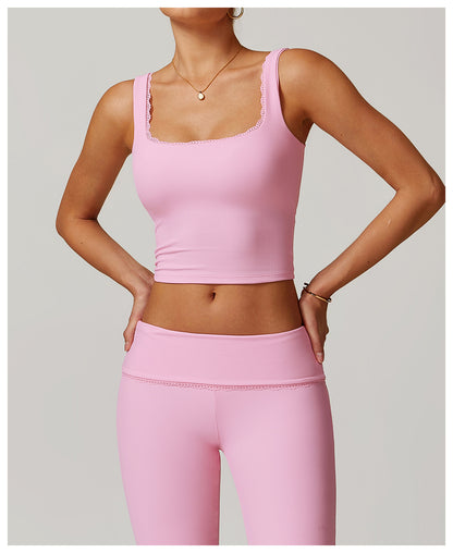 Rib Knit Mini Lace Semi Boot Cut Tank Top Sports Bra