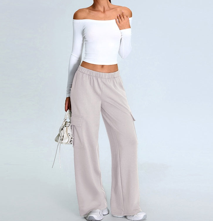 Rib Knit Long Sleeves Wide U Neck Slim T-shirt