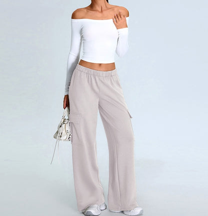 Rib Knit Long Sleeves Wide U Neck Slim T-shirt