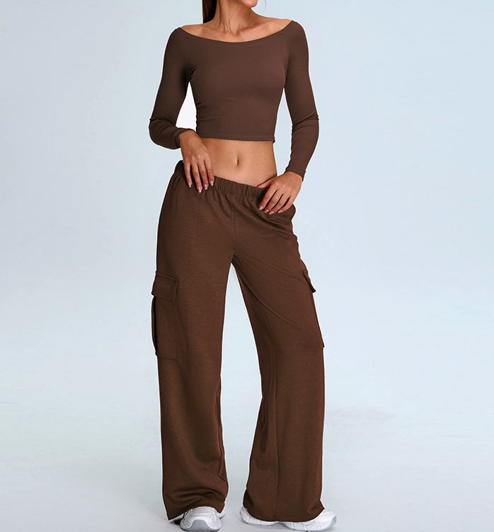 Rib Knit Long Sleeves Wide U Neck Slim T-shirt