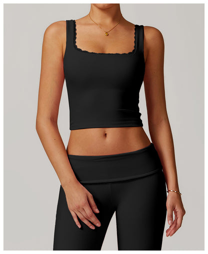 Rib Knit Mini Lace Semi Boot Cut Tank Top Sports Bra