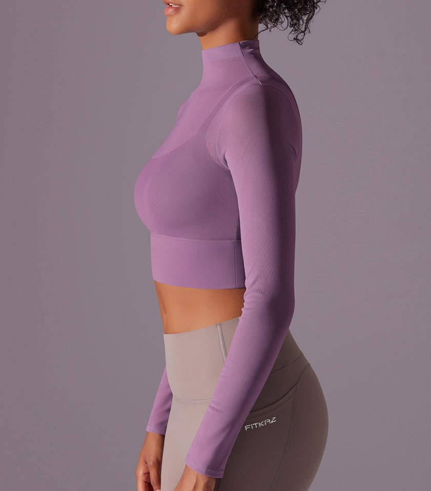 Flash Sale - Polo Neck Long Sleeves Chiffon Built-in Sports Bra Top