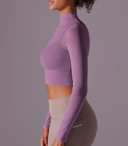 Flash Sale - Polo Neck Long Sleeves Chiffon Built-in Sports Bra Top