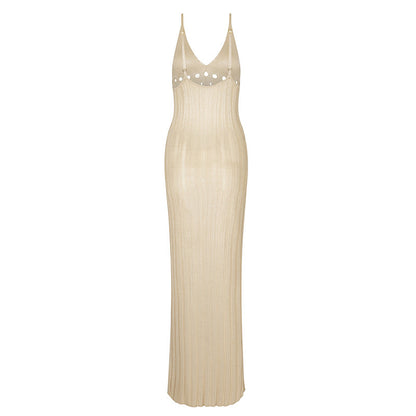 Summer Knitted Hallow Carved Deep V Adjustable Beach Dress