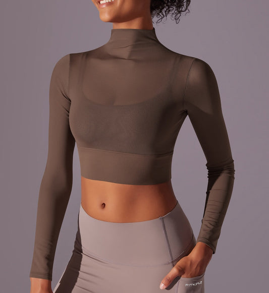 Flash Sale - Polo Neck Long Sleeves Chiffon Built-in Sports Bra Top