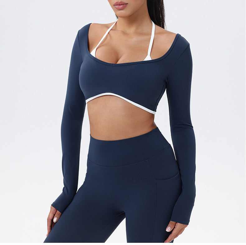 Halter Neck White Bulk Line Back Beauty Long Sleeeves Sports Top