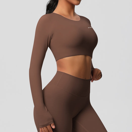 Classic All Star Built-in Pads Long Sleeve Chestnut Sports Crop Tops