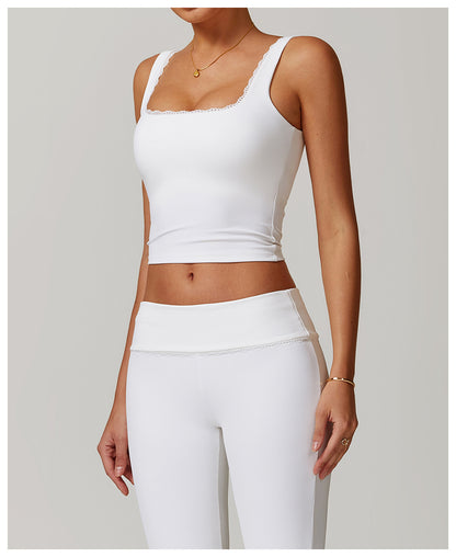 Rib Knit Mini Lace Semi Boot Cut Tank Top Sports Bra