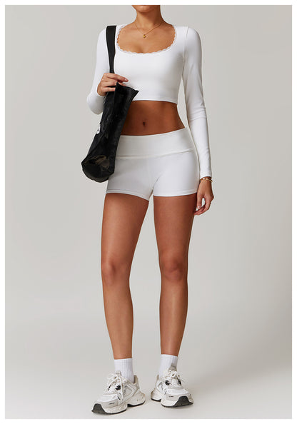 Rib Knit Mini Lace Semi Boot Cut Long Sleeve Sports Bra