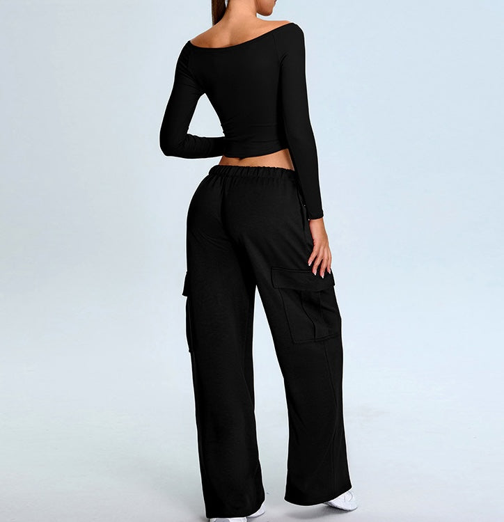 Rib Knit Long Sleeves Wide U Neck Slim T-shirt